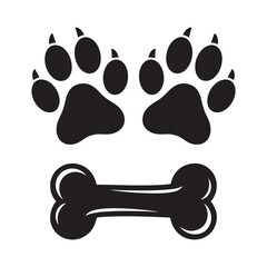 A simple black and white graphic of dog paw prints and a bone.