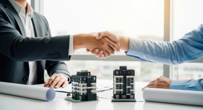 Professional handshake with business models and documents on the table