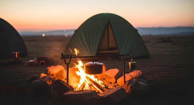 Camping setup with campfire cooking under tents at sunset