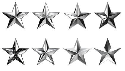 Obraz premium Eight five-pointed metallic stars are arranged in two rows on a black background, showcasing various highlights