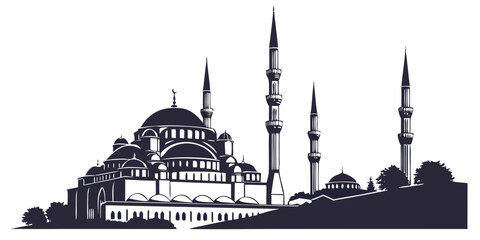 A striking silhouette of a mosque with intricate minarets and domes against a clear sky © Murad