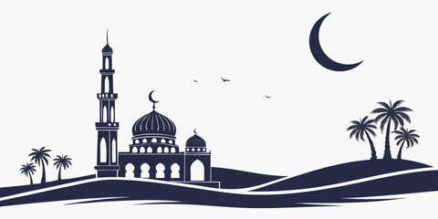 Serene mosque with minarets and palm trees under a crescent moon © Murad