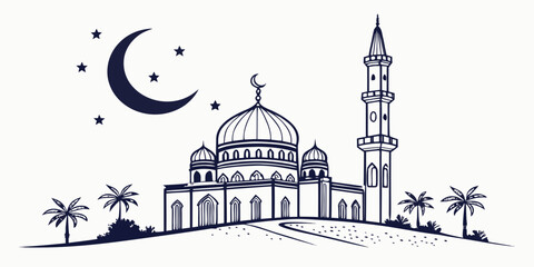 A serene mosque with minarets and a crescent moon under a starry night sky © Murad