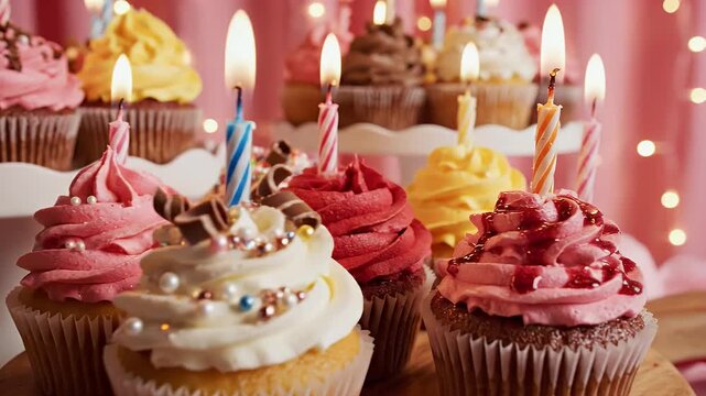 n appetizing assortment of meticulously decorated birthday cupcakes artfully arranged in rows on presentation table, set against cheerful and soft magenta-colored backdrop 