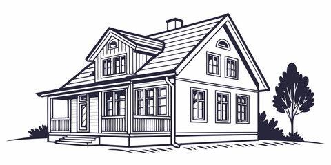 A charming two-story house with a sloped roof and a tree in the front yard © Murad