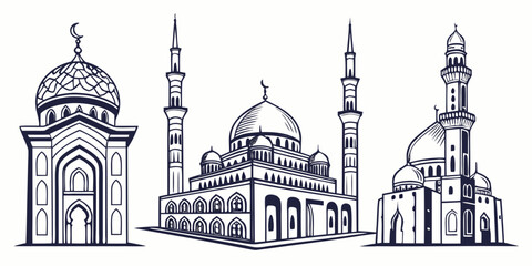 Intricate architectural drawing of three mosques with minarets and domes © Murad