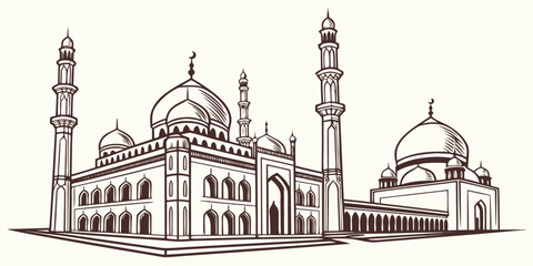 Intricate line drawing of a grand mosque with domes and minarets © Murad