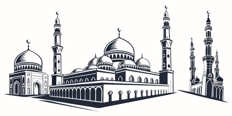 A detailed illustration of a mosque with minarets and domes. © Murad