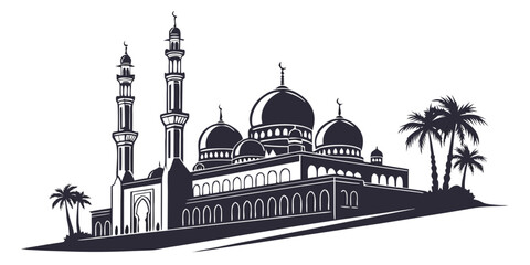 Majestic mosque with intricate domes and minarets under palm trees © Murad