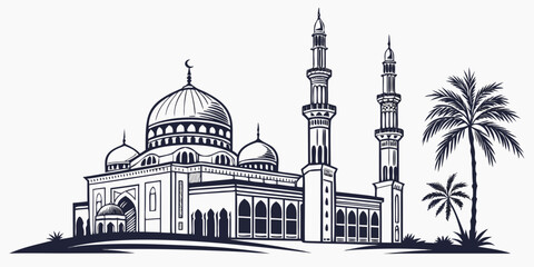 A detailed illustration of a mosque with a large dome and minarets © Murad