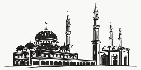 A detailed illustration of a mosque with domes and minarets against a clear sky © Murad