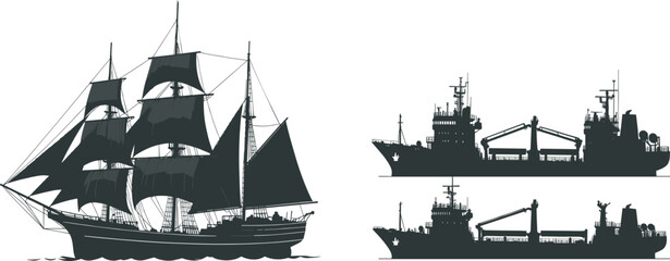 Vintage wooden sailing ship silhouette and modern industrial cargo vessel icons isolated on white background, maritime evolution nautical transportation history and technology © MstSahanaj