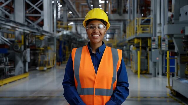 Confident African American immigrant female industry worker in safety gear representing workforce diversity inclusion and immigrant contribution to skilled manufacturing and industrial labor sectors