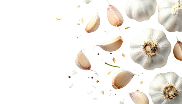 Garlic cloves & bulbs sparsely placed on dark background, scattered herbs and spices. Side composition, negative space