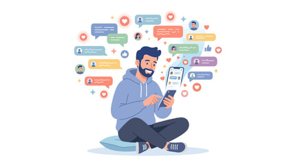 Digital Connections: A modern man, deeply engrossed in his smartphone, is enveloped by a vibrant constellation of chat bubbles, symbolizing the intricate web of digital communication. © Dikzma