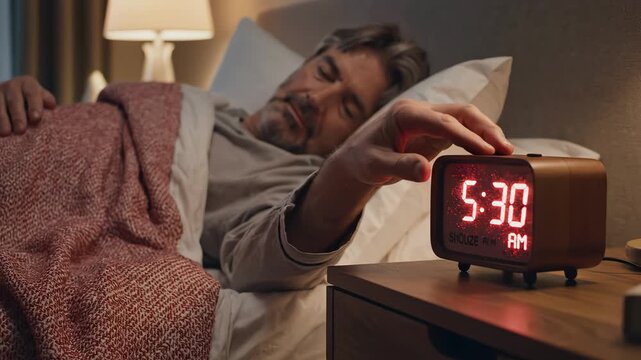 Man in bed pressing snooze on alarm clock
