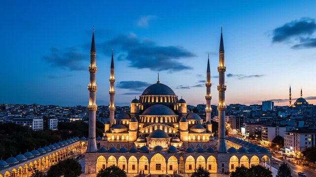 Elegant mosque with multiple minarets and large domes situated in an urban setting during sunset highlighting Islamic architecture and cultural