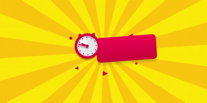 A 2D animation of a red alarm clock exploding in a burst of fragments against a vibrant yellow sunburst background from a frontal viewpoint