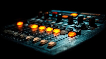 Advanced audio mixing console with illuminated faders and controls, representing professional sound production and intricate adjustments