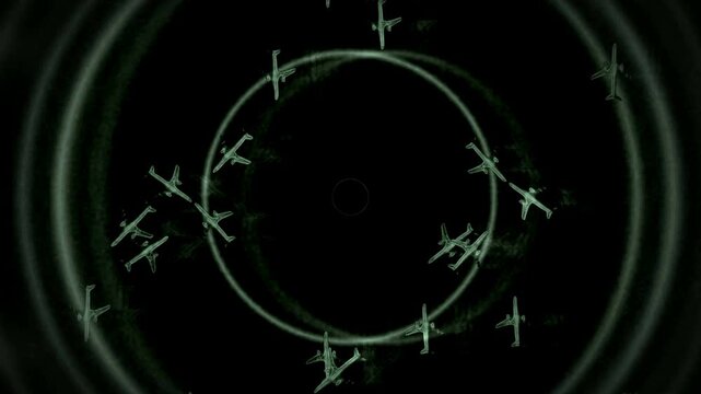 Aircraft, planes as seen on a recreated air traffic control monitor. Multiple green aircraft symbols passing across black screen with circular radar. Military or civilian commercial. With glitches.