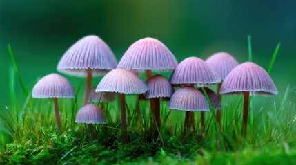 A Cluster of Delicate Purple Mushrooms Growing Amongst Lush Green Grass in a Natural Woodland Setting