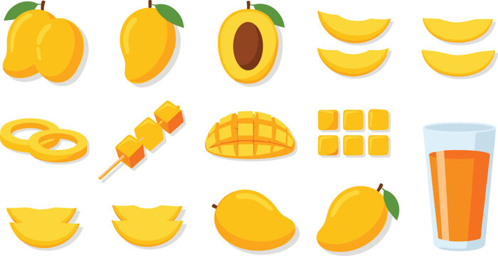 Mango Fruit Vector Icon Set with Whole Slices Cubes Juice Rings and Skewer Pieces in Flat Style
