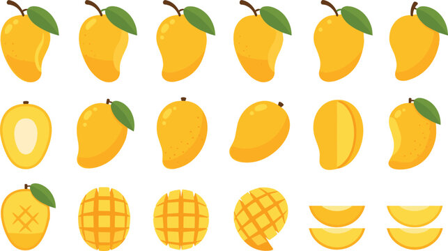 Mango Fruit Vector Icon Set with Whole Sliced and Diced Variations in Flat Tropical Style