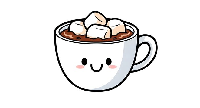 Cute cartoon cup hot chocolate with marshmallows smiling face design illustration