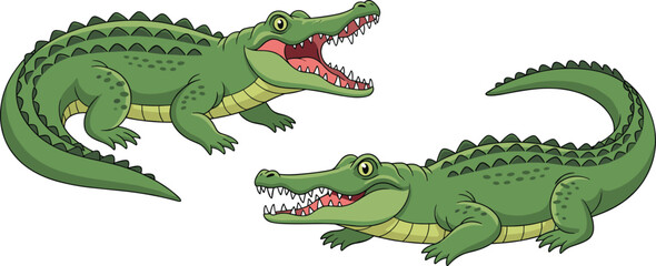 Fototapeta premium Green Crocodile Vector Illustration Set Featuring Large Reptiles with Open Jaws and Sharp Teeth for Wildlife Education, Mascot Design, and Swamp Nature Graphics