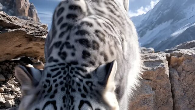 Close-up shot of a snow leopard's face with rocky terrain and snow-capped mountains in the background.