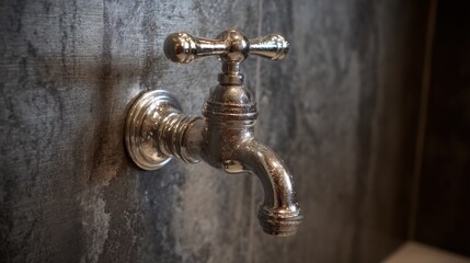 Ornate vintage metal faucet on textured wall, representing classic plumbing and home fixtures