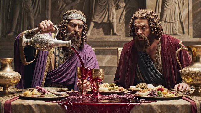 Regal ancient men dramatically spilling red wine during a lavish historical banquet for an unexpected accident concept