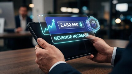 Businessman analyzing revenue increase on tablet with financial growth graph in modern office