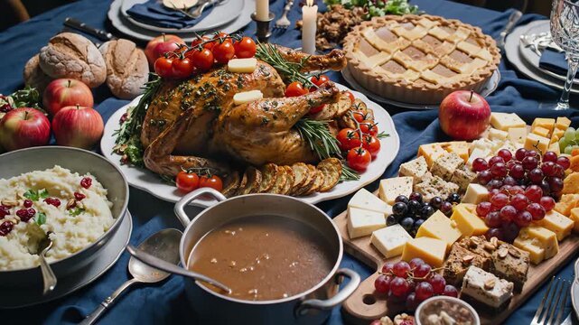 Roasted turkey with festive meal spread