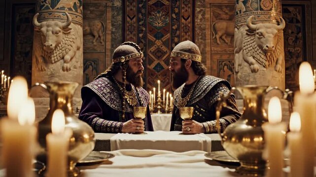 Two ancient kings holding golden goblets in a candlelit palace, symbolizing a historical pact or royal negotiation concept with dramatic lighting