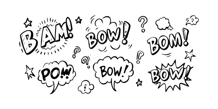 A collection of comic book sound effect words in speech bubbles