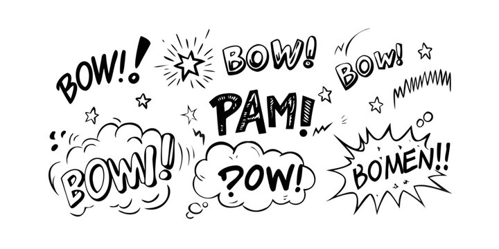 A collection of comic book sound effect words in bold, stylized fonts.