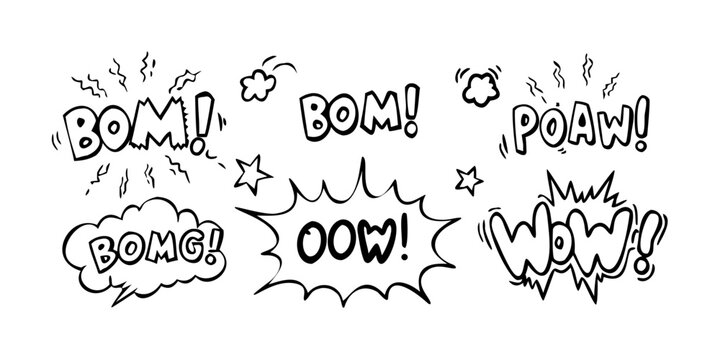 A collection of various onomatopoeic sound effect words in comic book style
