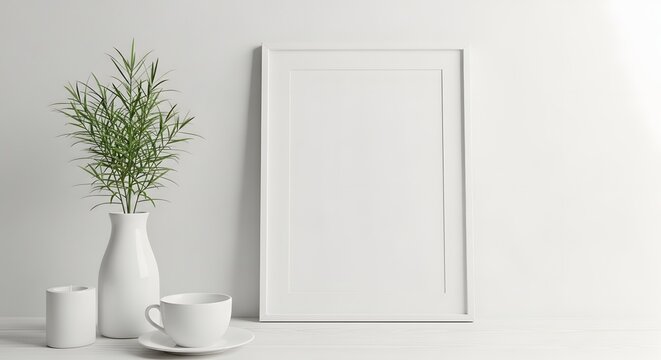 A minimalist white interior featuring a vase with greenery and a framed picture