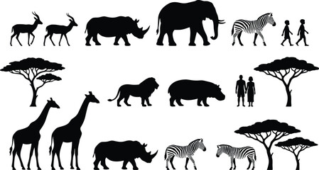 African Wildlife Silhouette Collection with Elephant Lion Giraffe Zebra Rhino Antelope Acacia Trees and Human Figures Vector Illustration Set © Ideasy Mind