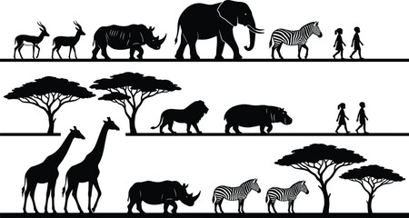 African Safari Wildlife Silhouette Set with Elephant Lion Giraffe Zebra Rhino Hippo Antelope Acacia Trees and Walking Children Vector © Heyyy