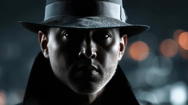 Mysterious man in fedora hat with hand on chin, contemplating secrets in the night