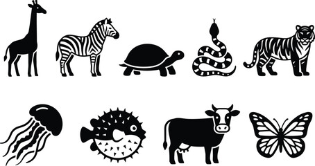 Animal Silhouette Collection with Giraffe Zebra Turtle Snake Tiger Jellyfish Puffer Fish Cow Butterfly Vector Illustration Set © Ideasy Mind