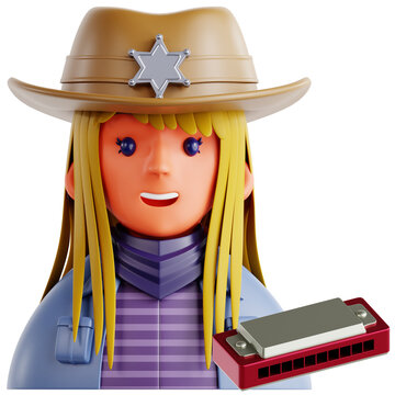 Cartoon Cowgirl With Harmonica