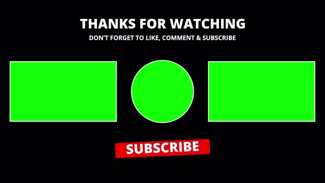 End screen YouTube Template with Symmetrical Green Screen Frames and Subscribe Button. 4K Video