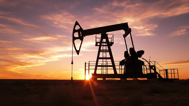 Oil pump at sunset in desert