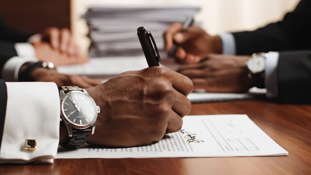 Person signing document at desk