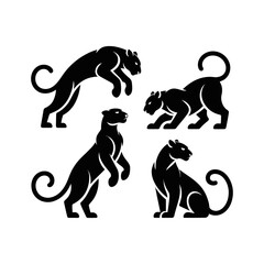 Fototapeta premium This powerful image displays four black panther silhouettes in various dynamic and predatory poses.