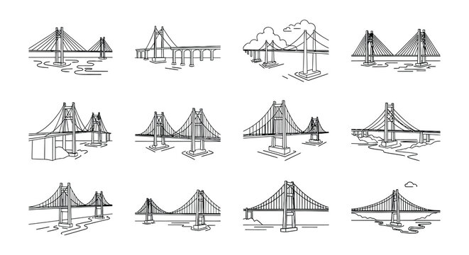 Line art illustrations depicting various suspension bridge designs and viewpoints