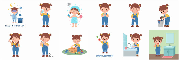 Fototapeta premium Flat Design Cute Girl Daily Routine Activity Illustration and Lifestyle Elements